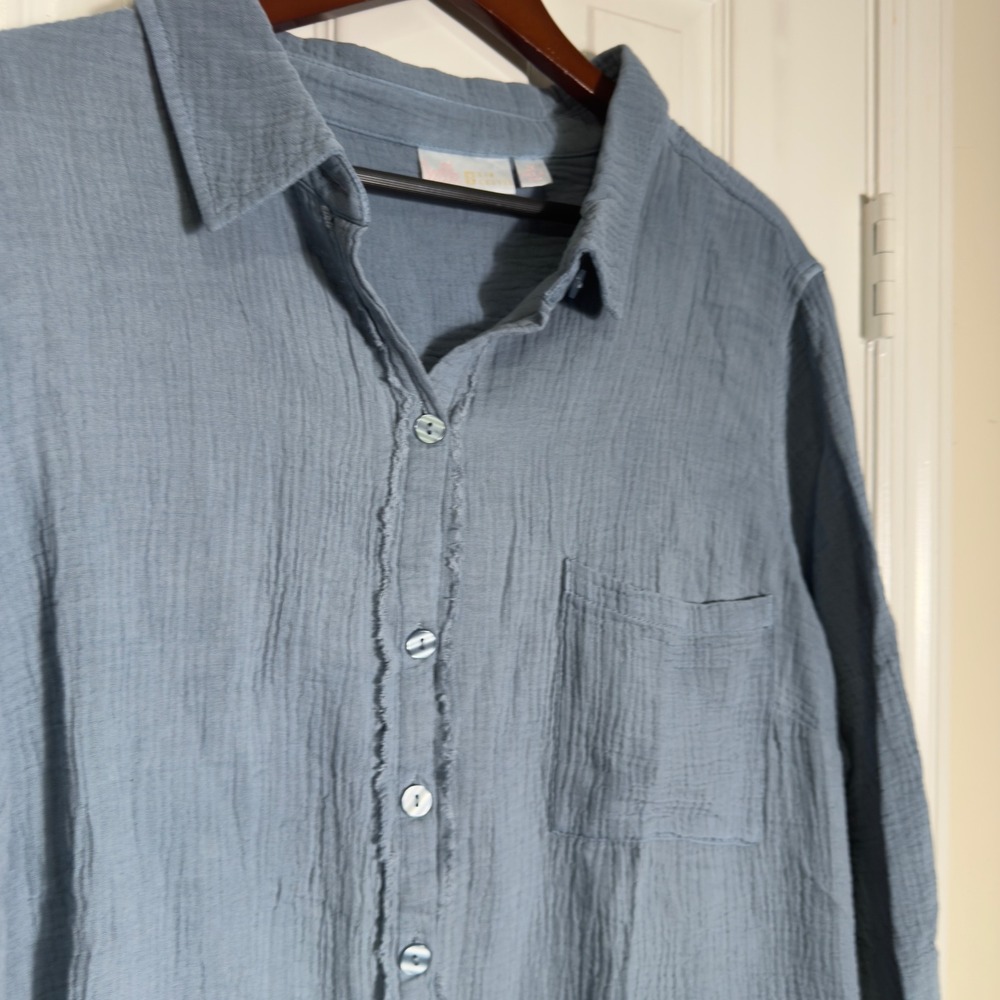 Belle by Kim Gravel Women's Top Blue Cotton Gauze Button Down Raw Hem – Size 2X‎ - Picture 3 of 9